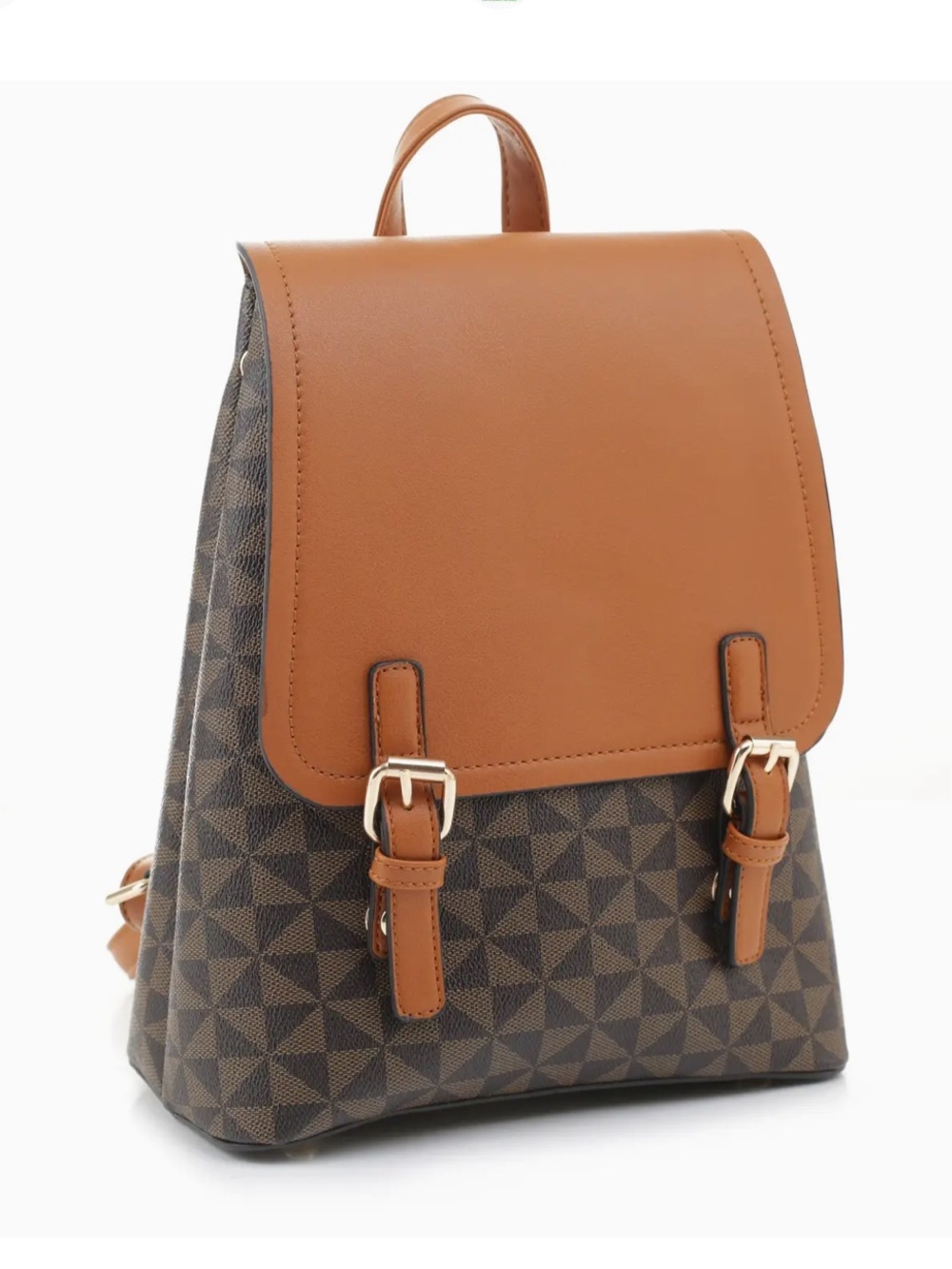 ATRIE vegan leather geometric fashion backpack, brown & Cognac, Front Flap NWT